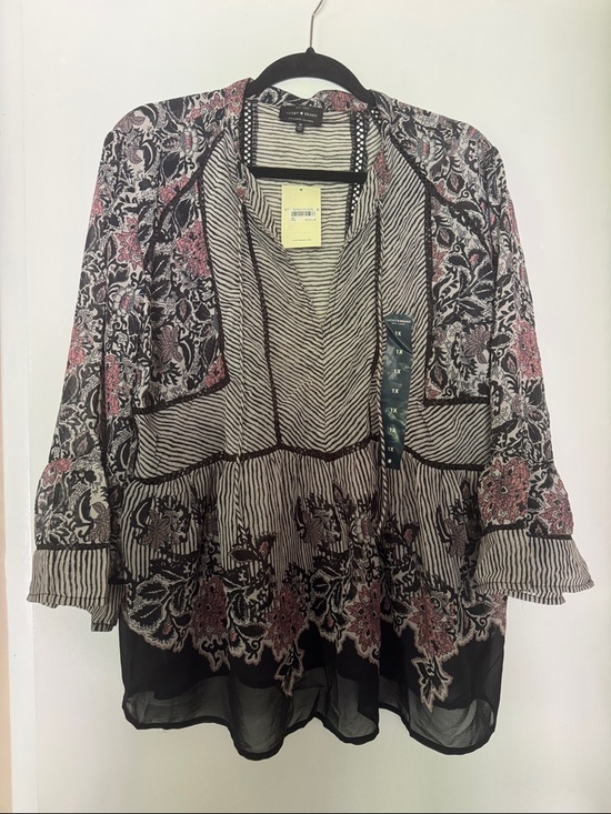 Lucky Brand Tops - Lucky Brand Striped and Floral Open Front Cardigan in Black, Cream & Pink